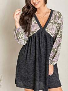 Boho Retro Black Coral  Ivory Burgundy Olive Charcoal  Half  Long Balloon Sleeve Ruffle Bell  Tiered Patch Work Flower Tiered Knit Dress - 深灰色 - 查看 1