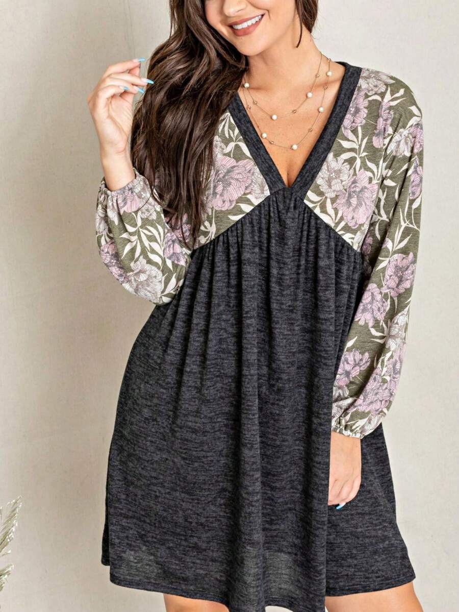 Boho Retro Black Coral  Ivory Burgundy Olive Charcoal  Half  Long Balloon Sleeve Ruffle Bell  Tiered Patch Work Flower Tiered Knit Dress - 深灰色 - 查看 1