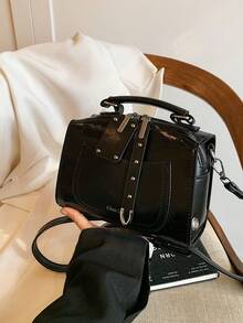 奢华优质多功能女士小方盒包，配有可调节肩带，大容量斜挎包，适合通勤和购物，新款女士钱包 - 黑色 - 查看 6