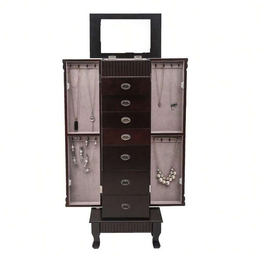 Wooden Jewelry Mirror Armoire Box Storage Chest Free Stand