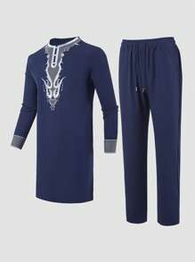 1 conjunto Conjunto Dashiki Azul Marinho Masculino, Gola e Punhos Bordados, Manga Longa, Calça de Cintura Elástica, Traje Africano, Camisa e Calça Casuais Masculinas 2 Peças, Novo Estilo para Todas as Estações, Casamento, Festa, Encontro, Uso Diário