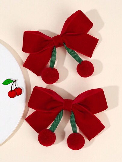 2 piezas de lazos de pelo de terciopelo rojo adorables con borlas en forma de cereza, clips de pelo de color rojo sólido con pinzas de caimán, nuevo regalo de accesorios para el cabello de Año Nuevo para niñas pequeñas, niños y bebés