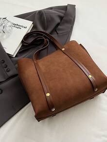 大码女式哑光皮革超大容量单肩包，日常手提包 - 咖啡棕 - 查看 7