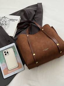 大码女式哑光皮革超大容量单肩包，日常手提包 - 咖啡棕 - 查看 3