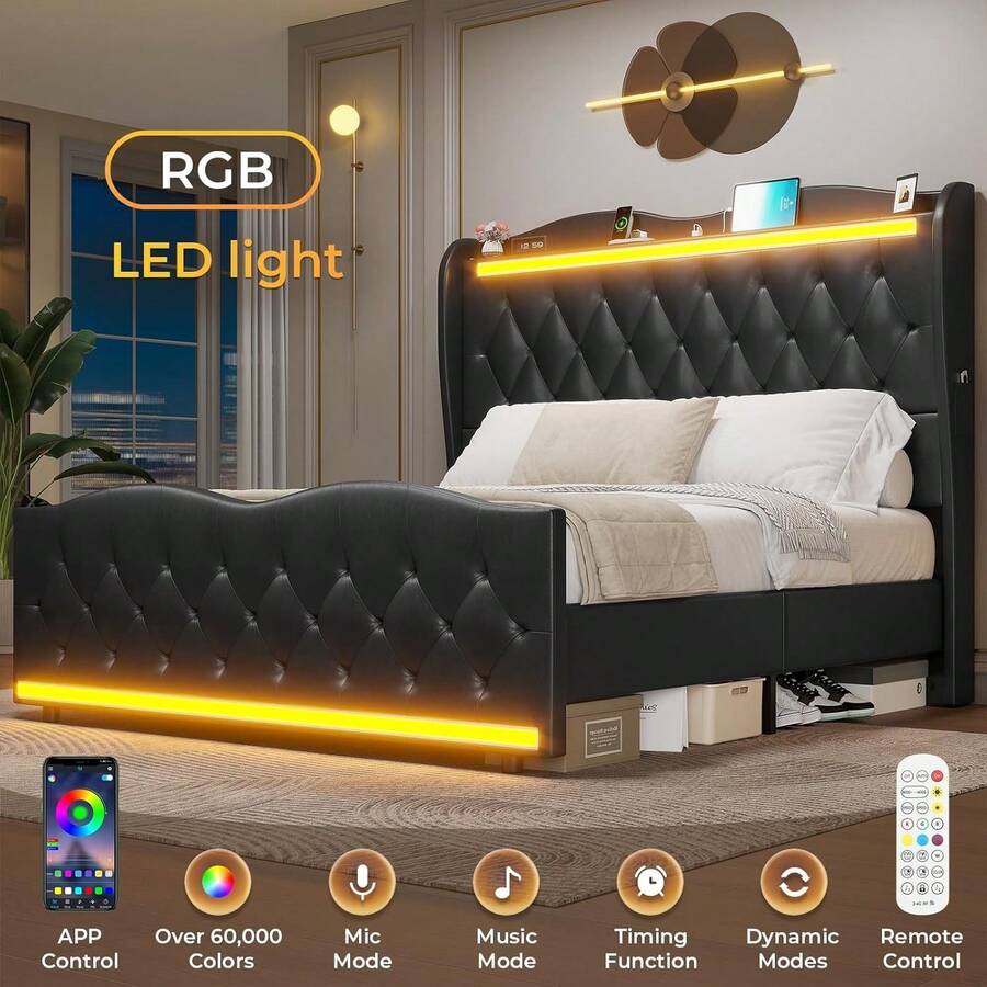 LED Bed Frame Queen Size With Tall Headboard Footboard, Charging