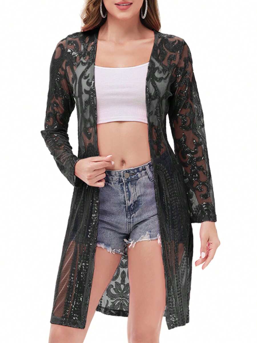 Women's Sparkly Sequin Cardigan Long Sleeve Open Front Glitter Kimono - 黑色 - 查看 1