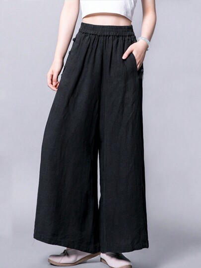 Pantalones holgados de cintura elástica de unicolor casual para mujer