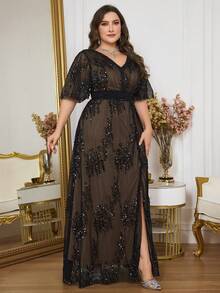 Elegant Plus Size Women's Long Black Mermaid Maxi Dress, V-Neck Ruffle Sleeve, Sequin Decor