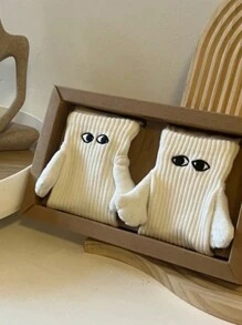 1 par de calcetines magnéticos de pareja con decoración de manos entrelazadas, calcetines blancos tipo tripulación, calcetines autoadhesivos lindos para primavera, otoño - Blanco - Ver 6