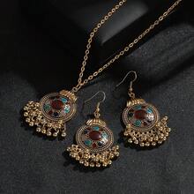 3 件套金色婚礼首饰套装女士复古古董雕刻心形吊坠耳环项链波西米亚花朵首饰 - 項鍊+耳環 - 查看 15