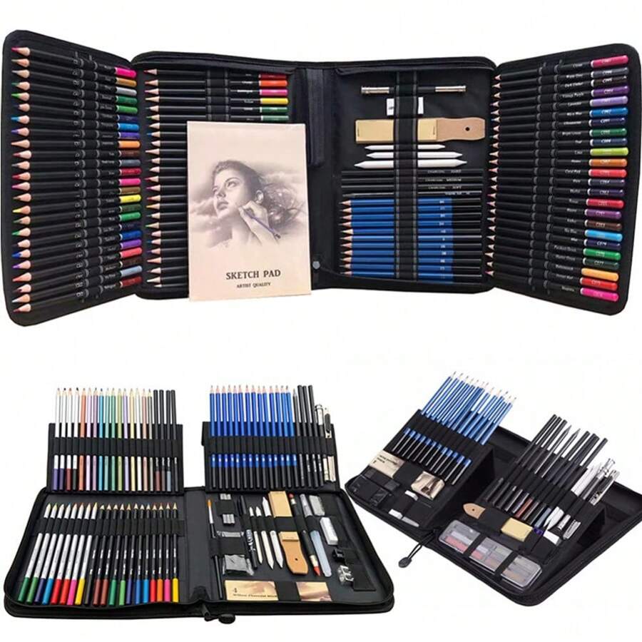 144Pcs Sketching & Drawing Pencils Art Kit,Professional Drawing Art Tool Kit CharcoalGraphiteWatercolorMetallicColored Drawing Pencils Set For Artists,Beginners,Adults,Kids,Teens - 如圖所示 - 查看 1