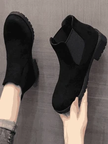 Thick-Soled  Boots, British Style Suede Ankle Boots, Simple & Versatile Short Boots For Women - Black Suede - View 3