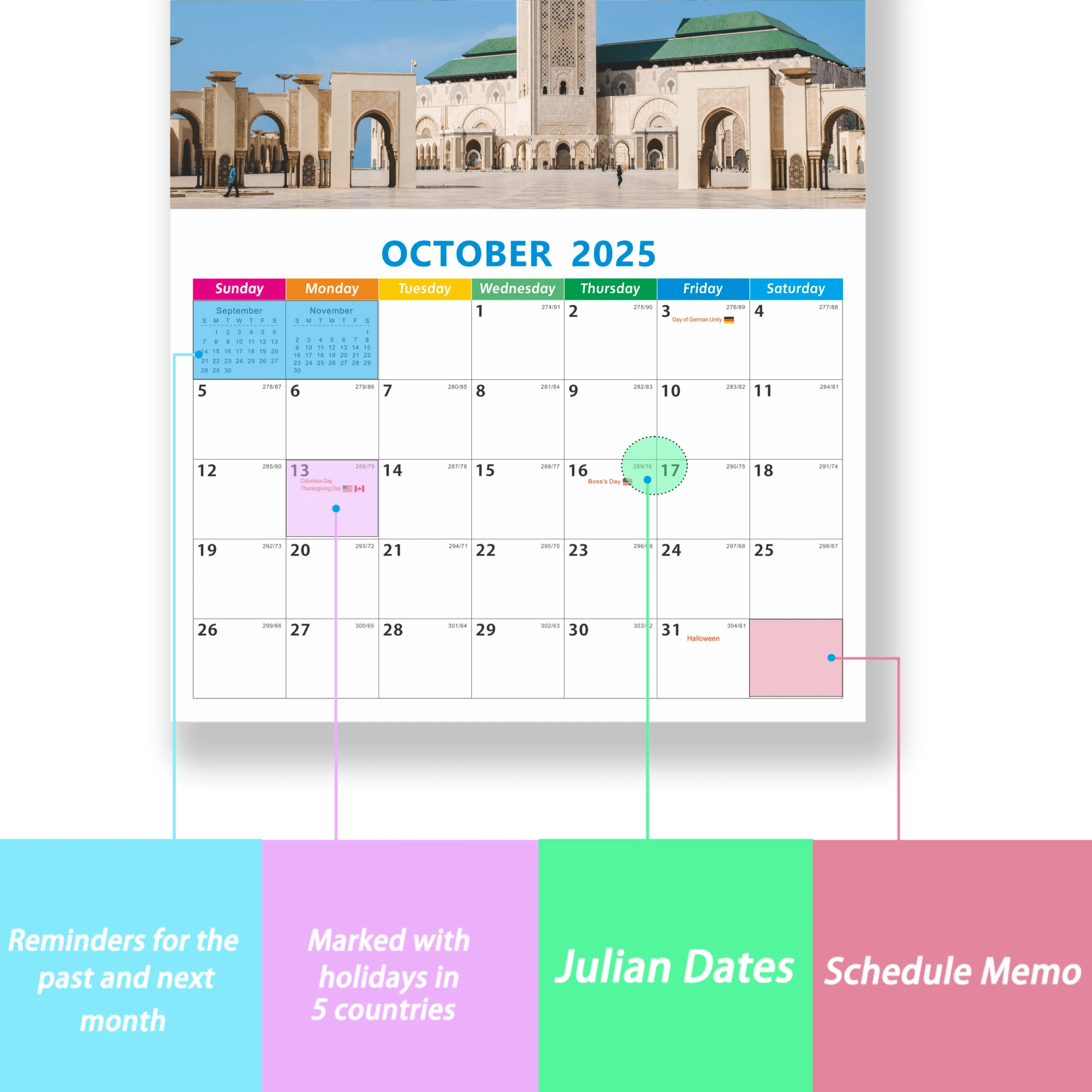 2025 Halal Themed Wall Calendar. Printed With Famous Mosques Around The