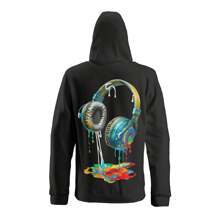 男士加大码3D数码耳机印花卫衣，秋冬季休闲街头风 - 黑色 - 查看 4