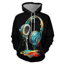 男士加大码3D数码耳机印花卫衣，秋冬季休闲街头风 - 黑色 - 查看 2