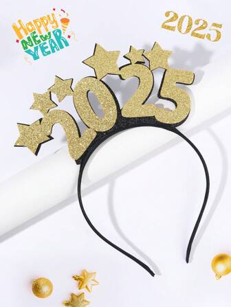 1 件 2025 新年头带女士黑色毛绒发带闪亮 2025 星星发箍金银闪光发带派对发饰女士发饰