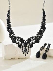1 Paar Ohrringe + 1 Halskette elegantes Schmuckset mit eingelegtem schwarzem Zirkonia, Symbol für Schönheit und Eleganz, Partyaccessoires
