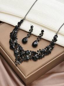 1 Paar Ohrringe + 1 Halskette elegantes Schmuckset mit eingelegtem schwarzem Zirkonia, Symbol für Schönheit und Eleganz, Partyaccessoires