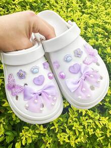 14 件套紫色大蝴蝶结和心形蝴蝶装饰套件，适用于花园鞋、凉鞋、DIY 可拆卸配件 - 紫色 - 查看 3