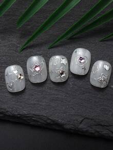 2 件装金色银色星星 5D 粉色透明水钻指甲贴纸 适合女士和女孩 奢华指甲装饰 - 彩色 - 查看 4