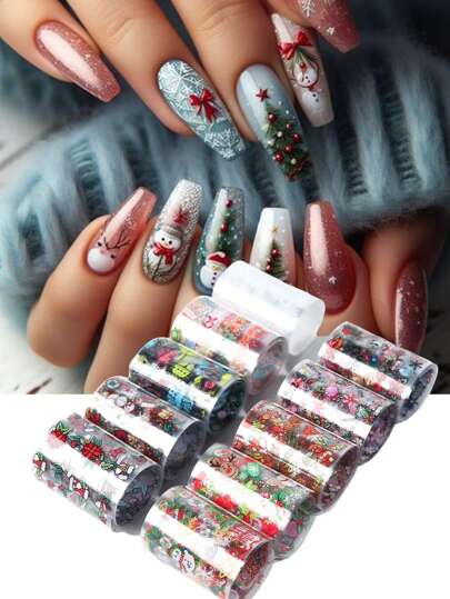 10 قطعة ملصقات نقل رقائق أظافر عيد الميلاد بتصاميم رقائق الثلج والغزلان وبابا نويل والأجراس، ورق سماء مليئة بالنجوم لتزيين الأظافر DIY (بدون لاصق)