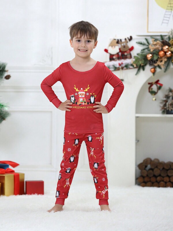 2 stuks/set Tween Boys Christmas Family Matching Snug Fit schattige rendier- en pinguïnprint pyjama met lange mouwen, comfortabele vakantie-outfitset