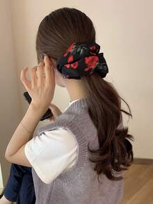 1 件 18 厘米大号缎面发圈，带成熟玫瑰印花，性感简约复古发带，耐用柔软的发饰，适合优雅的高马尾辫 - 彩色 - 查看 3