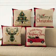 4pcs Christmas Tree, Deer, Red Truck, Letter Decorative Linen Print Pillowcases, Suitable For Home, Room, Bedroom, Garden, Living Room, Car, Sofa Decor, Fashionable, Comfortable And Soft (Pillow Insert Not Included)