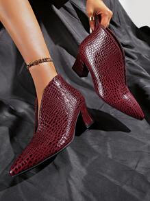 New Crocodile Embossed Thick Heel Ankle Boots, Women's Fashion Versatile Pointed Toe Red Slip-On Chunky Heel Short Boots, Ladies Snakeskin Chunky High Heel Shoes In Wine Red