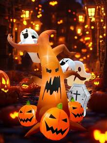 CcRetro Árbol fantasma aterrador inflable de Halloween de 2,4 M con decoración de calabaza y luces LED, adecuado para fiesta de Halloween al aire libre, Día de los Muertos, patio, jardín, césped - Multicolor - Ver 6