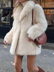 Women's Fashionable Casual And High-End Lapel Faux Fur Effect Commuting Coat Jacket Tops - White - View 3