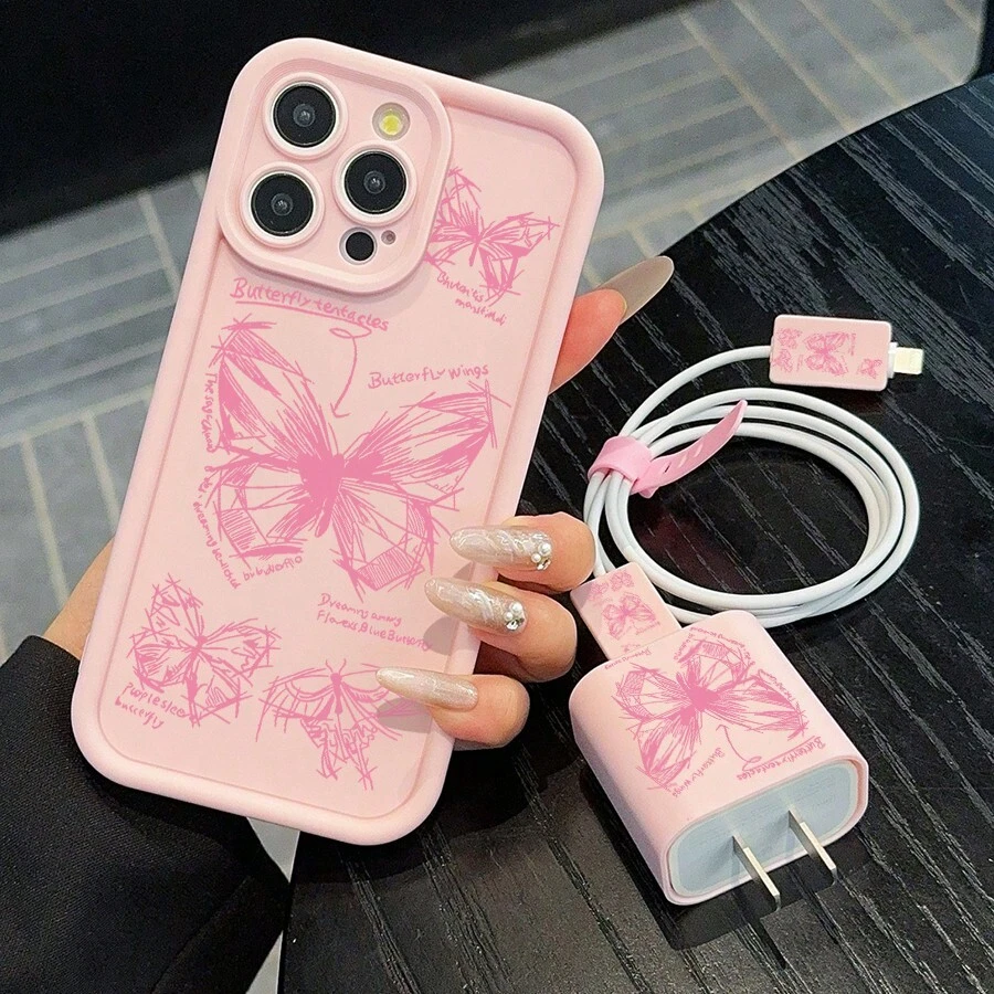SUPER MOUSE 5pcs Pink Phone Case Mobile Phone Case Protective Cover Plus Charging Head Protective Cover Plus Data Line Protective Cover Plus Storage Rope Apple 13 14promax 15promax 11 14plus 15plus XSM 16 16plus 16pro 16promax Phone Case