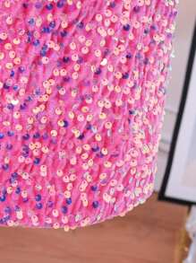 女童时尚优雅圆领毛绒肩连衣裙，女童网纱波点亮片长袖纯色连衣裙，户外派对聚会秋季连衣裙，儿童舒适柔软休闲运动服 - 粉色 - 查看 6