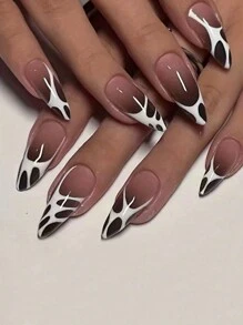 24 chiếc móng tay giả màu đen chuyển màu, móng tay giả sọc trắng có thiết kế, keo bóng phủ toàn bộ móng tay giả màu hạnh nhân cỡ trung bình cho phụ nữ và bé gái, dùng hàng ngày - Nhiều màu - Xem 1