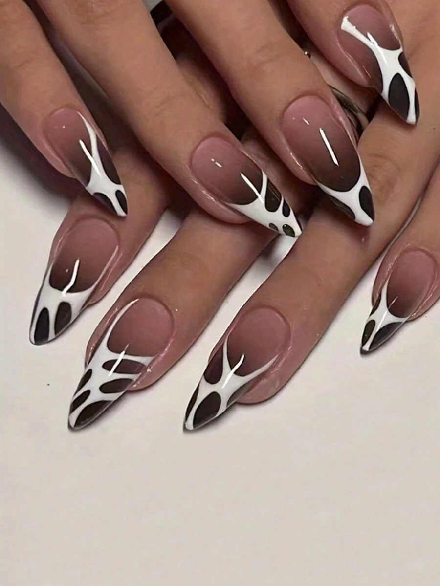 24 chiếc móng tay giả màu đen chuyển màu, móng tay giả sọc trắng có thiết kế, keo bóng phủ toàn bộ móng tay giả màu hạnh nhân cỡ trung bình cho phụ nữ và bé gái, dùng hàng ngày - Nhiều màu - Xem 1