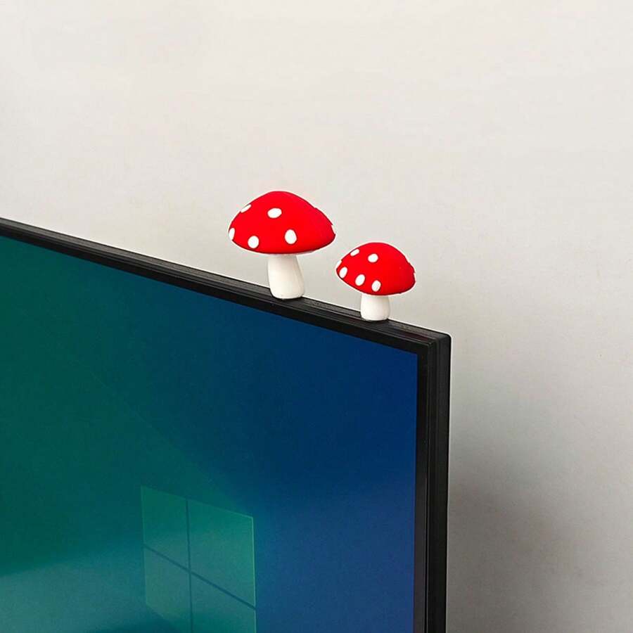 2pcs Rubber Mushroom Decor For Computer Monitor, Car Dashboard Best Gifts Birthday Graduation - Multicolor - View 1