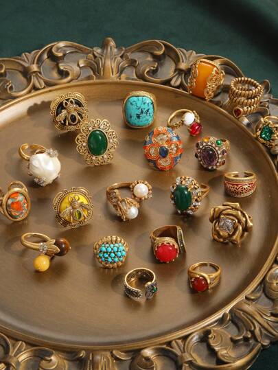 1pc Retro Adjustable Copper Ring, 18k Gold-Plated, Vintage Feel Luxe Accessory, Natural Stone & Pearl Decor, Suit Women, Wedding/Anniversary Gift