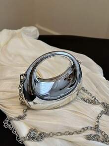 1pc 新款前卫金属镜面小包，亚克力新月盒迷你手提包，闪亮银色新月包，时尚百搭链条单肩斜挎包，口红袋耳机袋，迷你包，化妆品礼盒，晚装包 - 銀色 - 查看 6