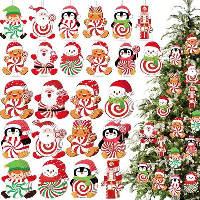 12/24/36 đồ trang trí bằng gỗ Giáng sinh, đồ trang trí kẹo que, ông già Noel, người tuyết, chim cánh cụt, đồ trang trí treo trang trí bánh gừng, đồ thủ công bằng gỗ có dây thừng, thích hợp cho các buổi họp mặt gia đình, ngày lễ, đồ trang trí tiệc Giáng sinh