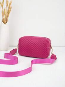 1 chiếc Túi đeo chéo nữ họa tiết chữ V chần bông màu hồng cánh sen, Túi đựng máy ảnh đeo vai/đeo chéo thời trang đa năng có trang trí bằng kim loại màu vàng - Màu Hồng Tươi - Xem 4