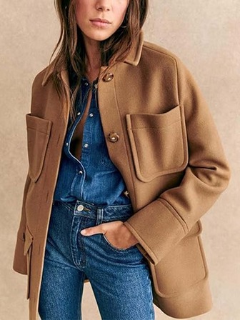 Plus Size Women Solid Color Long Sleeve Pocket Button Collar Vintage Overcoat, Autumn/Winter