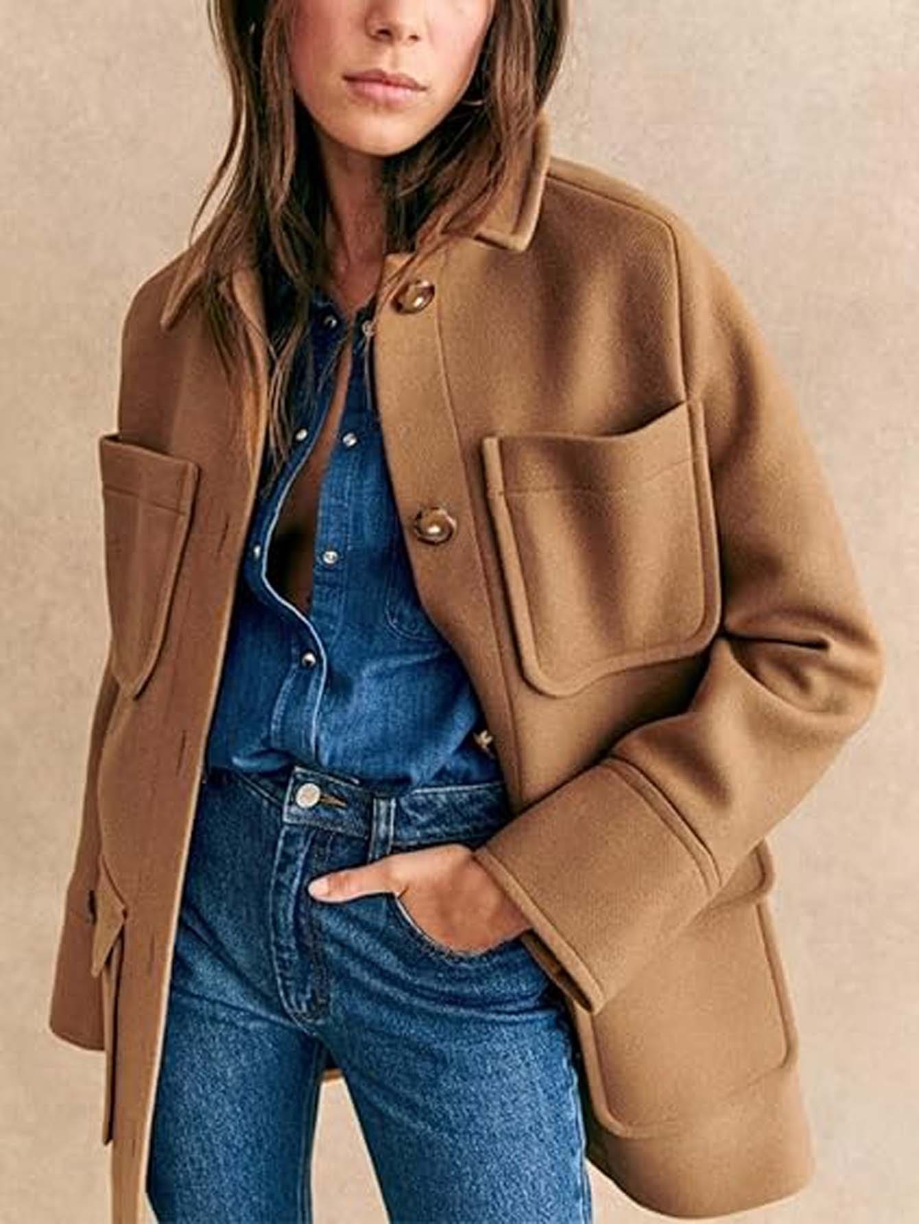 Plus Size Women Solid Color Long Sleeve Pocket Button Collar Vintage Overcoat, Autumn/Winter - Apricot - View 1