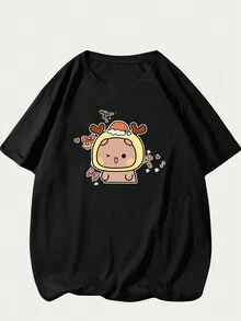 Christmas Bear Printed T-Shirt Blouse Streetwear Unisex Fashion - màu đen - Xem 1