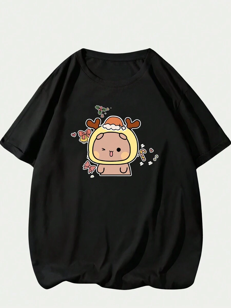 Christmas Bear Printed T-Shirt Blouse Streetwear Unisex Fashion - màu đen - Xem 1
