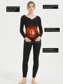 1 套女士纯色高弹力保暖内衣，内衣睡衣套装，寒冷天气贴身内衣冬季内衣冬季保暖，羊毛内衬保暖内衣套装 - 黑色 - 查看 4