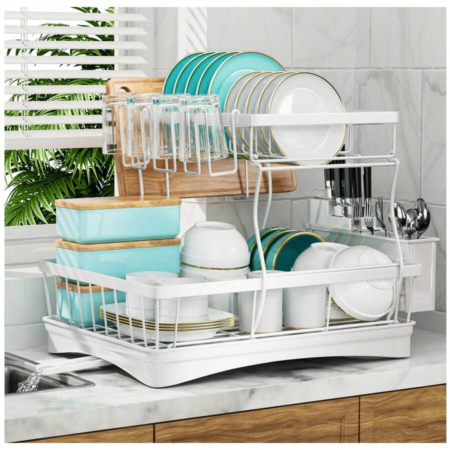 1 Piece Large Dish Drying Rack, 2 Tier Dish Rack For Kitchen Counter, Removable Large Capacity Dish Drainer Organiser With Cutlery Rack, Dish Drying Rack With Draining Board, White/Black - White - View 1
