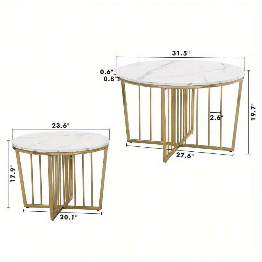 Modern Round Nesting Coffee Table Set 2Piece White & Marbling Top Gold