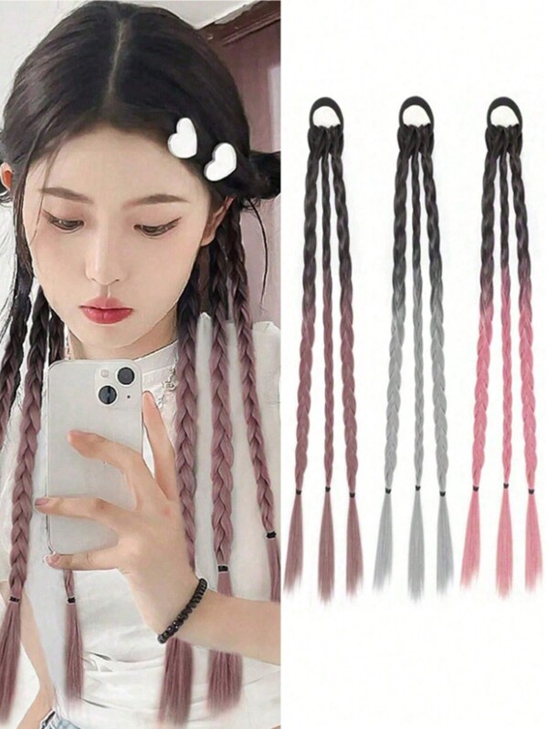 Ponytail Extensions Synthetic Boxing Br Wraparound Bun Tail Elastic Band Scrunchies Gradient Br Hair Natural Ombre Braid Two-Pack