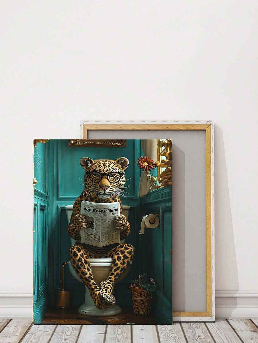 1 pieza Pintura con marco de madera, un leopardo con gafas leyendo periódicos en el baño, pósteres de lienzo, imágenes de animales, arte decorativo, impresiones artísticas interesantes, adecuadas para dormitorio, baño, restaurante, decoración del hogar - Multicolor - Ver 1