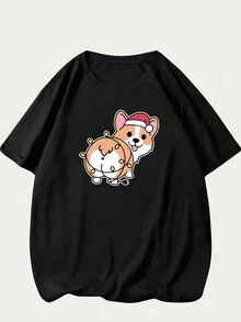 Amiseta Cute Dog Christmas Printed T-Shirt Comfort Premium Unisex Fashion Short Sleeve - 黑色 - 查看 1